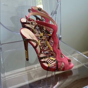 Alexander Birman Snakeskin Stiletto Heels with Strappy Design